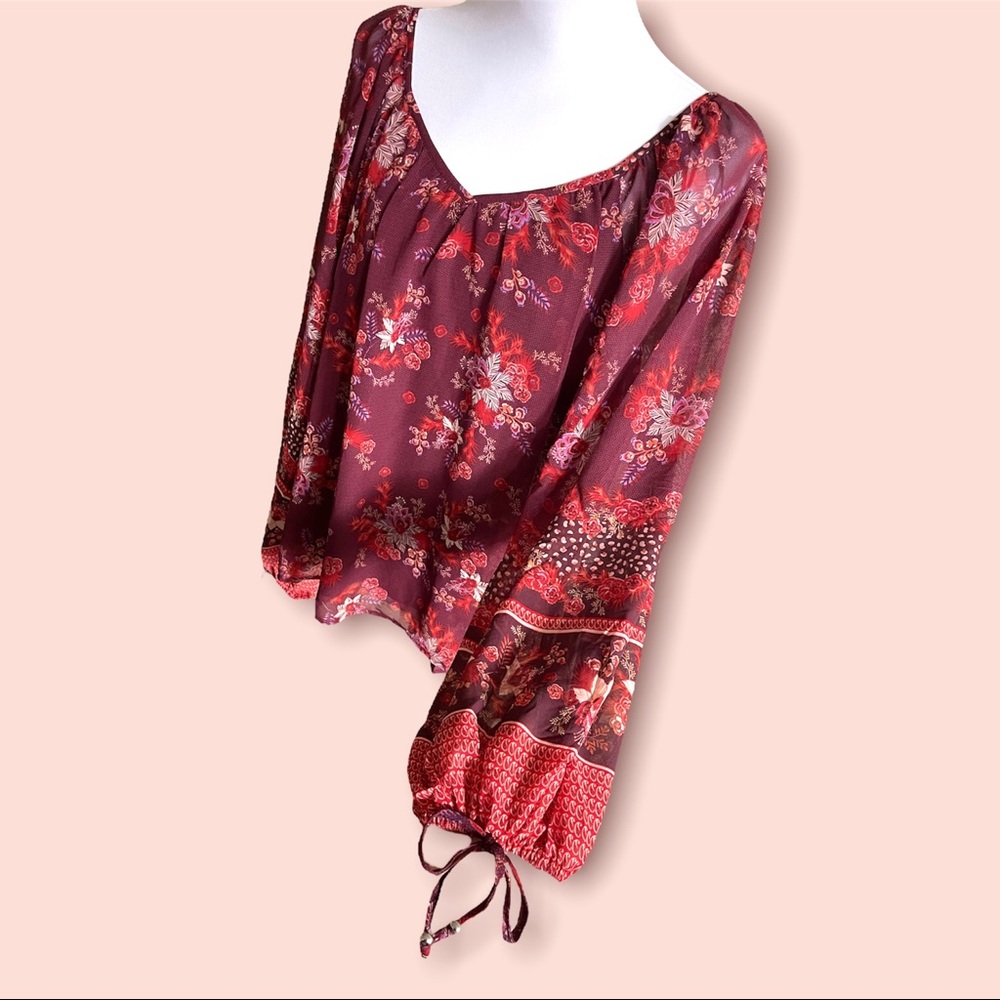 Chelsea & Theodore Burgendy Ground Mixed Floral/ Paisley / Dot Prints Blouse